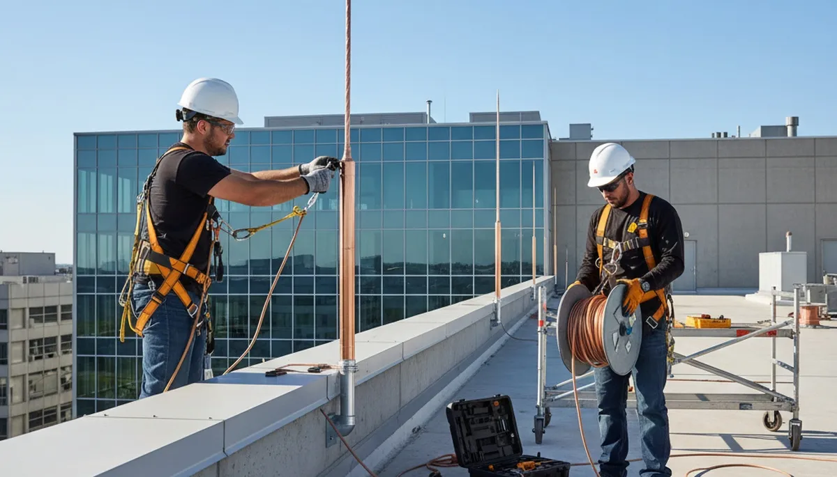 Fort Lauderdale tree specialists installing lightning protection on a tree for storm season safety