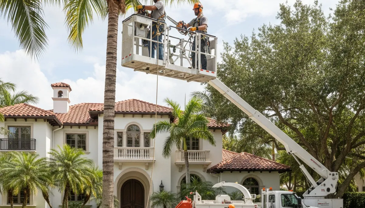 Tree service crew in Fort Lauderdale, FL removing a tree near a home
